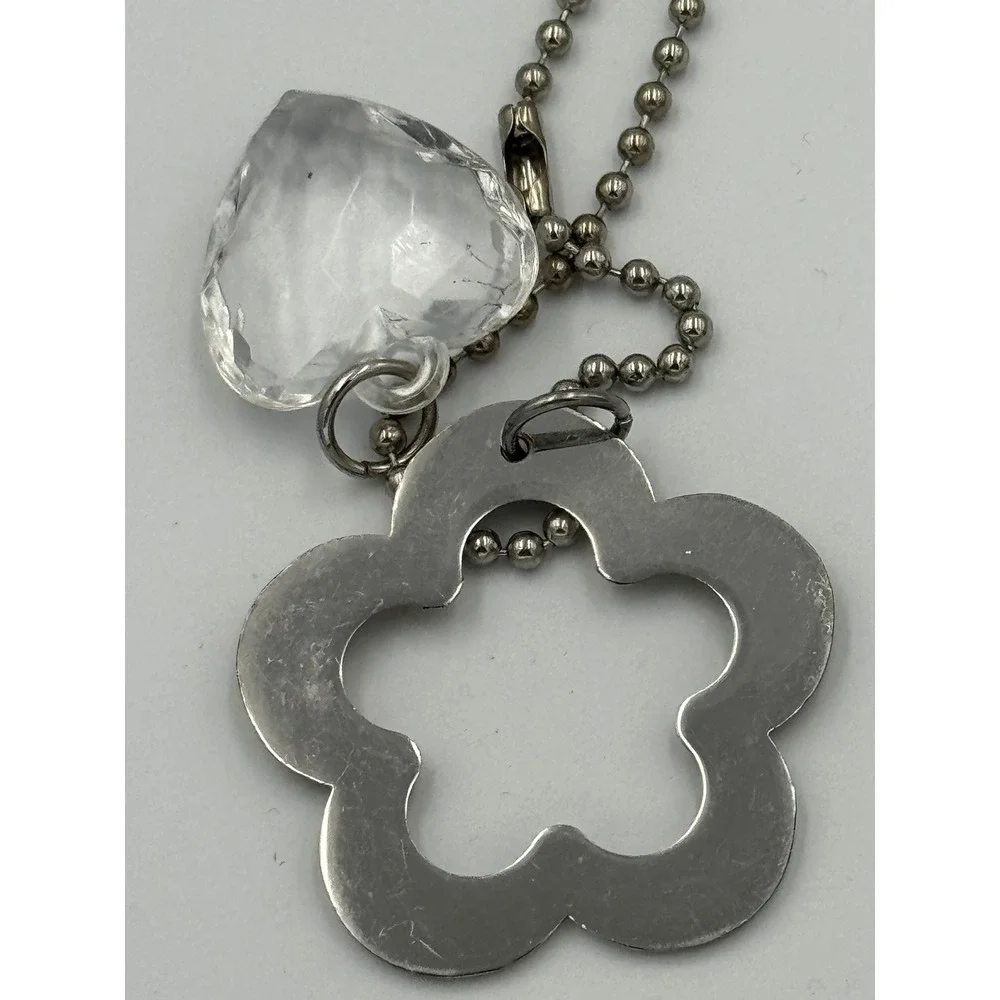 Tan Enamel Flower and Faceted Clear Heart Charm Keychain Silver Tone Ball‎ Chain